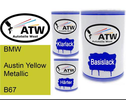 BMW, Austin Yellow Metallic, B67: 500ml Lackdose + 500ml Klarlack + 250ml Härter - Set, von ATW Autoteile West.